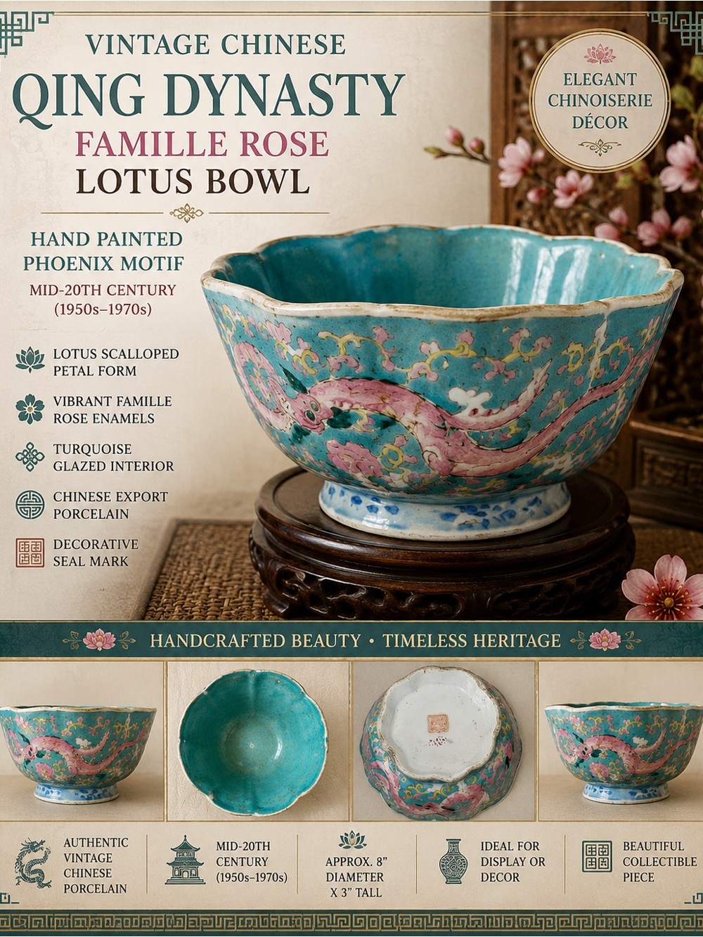 Vintage Chinese Famille Rose Porcelain Lotus Bowl | Hand Painted Turquoise